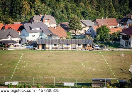 Ljubno Ob Savinji, Slovenia - September 14, 2021: Aerial View Of A European Football Field, A Rural 