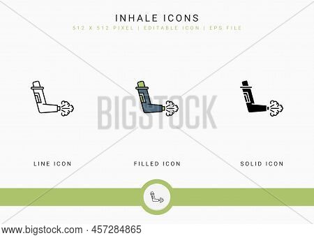 Inhale Icons Set Vector Illustration With Solid Icon Line Style. Asthma Spray Concept. Editable Stro
