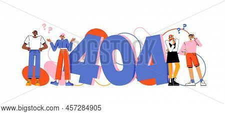 Error 404 Page Not Found Concept With Confused Characters Thinking With Question Marks. Lost Interne