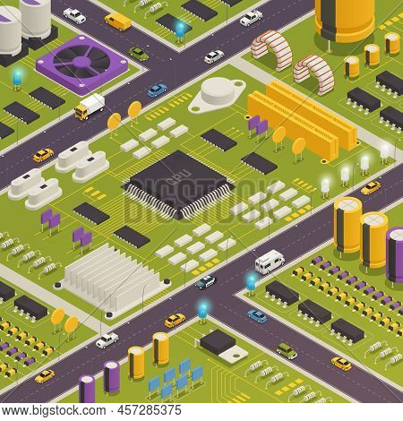 Semiconductor Electronic Components Assembled On Printed Circuit Board As City Buildings Streets Tra