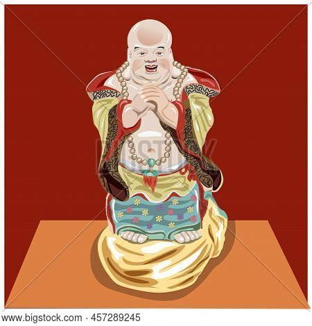 Vector Illustration Chinese Stucco Statue (chinese God) Placed On A Table On A Red Background.