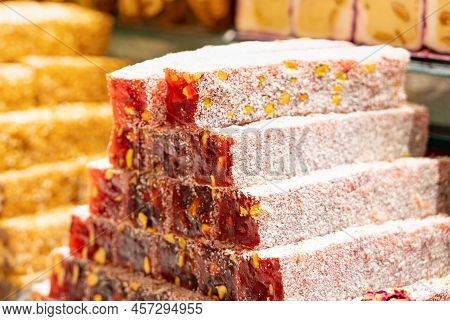 Strawberry Turkish Delight In Stambul Bazaar Close Up.