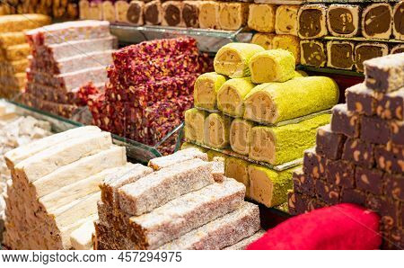 Sweet Turkish Delights Lines On Stambul Bazaar.