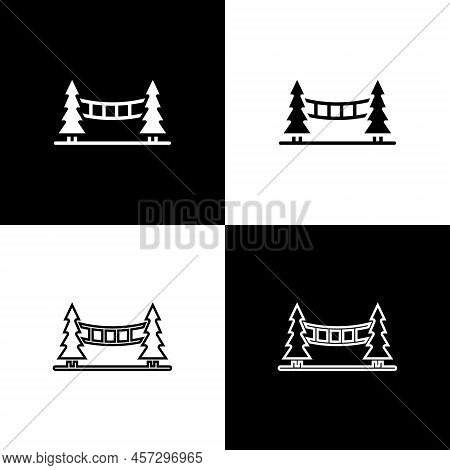 Set Capilano Suspension Bridge In Vancouver, Canada Icon Isolated On Black And White Background. Vec