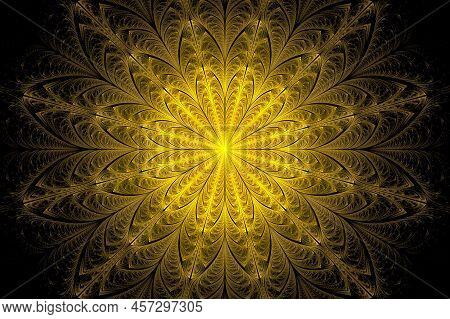 Computer Generated Abstract Illustration Beautiful Fractal Golden Flower Wall  Pattern, Kaleidoscope