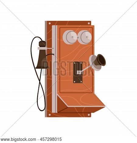 Vintage Magneto Wall Set. Old Magnetic Telephone Of 1907 Type. Wood And Metal Phone Design. Antique 