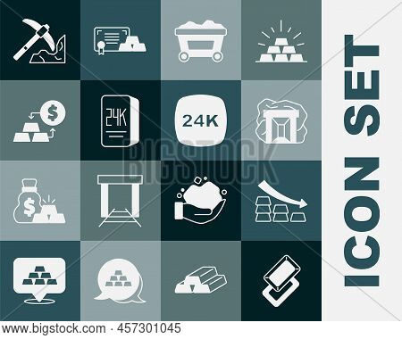 Set Gold Bars, Falling Arrow With Gold, Mine, Mine Cart, 24k, Exchange Money, Mining And Icon. Vecto