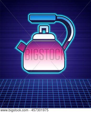 Retro Style Kettle With Handle Icon Isolated Futuristic Landscape Background. Teapot Icon. 80s Fashi