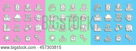 Set Line Dead Fish, Global Warming, Hand Holding Earth Globe, Tornado, Cloud With Rain, Barrel Oil L