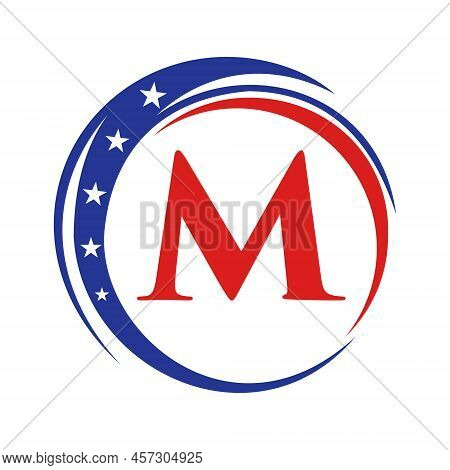 Letter M America Logo Usa Flag. Patriotic American Logo Design On Letter M Template