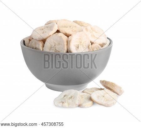 Freeze Dried Bananas In Bowl On White Background