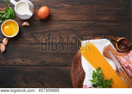 Ingredients For Pasta Carbonara. Traidtional Italian Pasta Carbonara Ingredients Bacon, Spaghetti, P