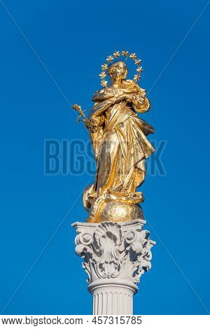 Maribor, Slovenia - June 2, 2022: Close-up On Virgin Mary On Plague Column (slovene: Kuzno Znamenje)