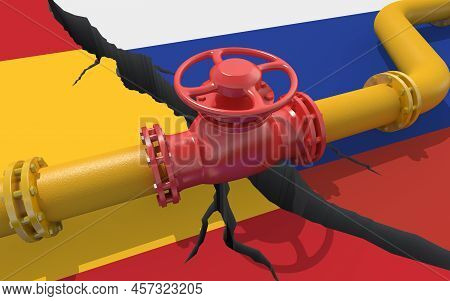 Gas Or Oil Pipeline With Valve On Background Of The Flags Of Russia And Spain. Financial Sanctions A