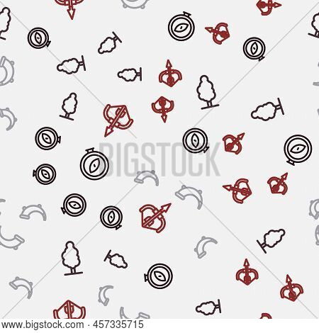 Set Line Compass, Tree, Hunting Horn And Medieval Bow And Arrow On Seamless Pattern. Vector