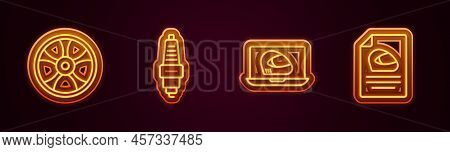 Set Line Alloy Wheel For Car, Car Spark Plug, Racing Helmet And . Glowing Neon Icon. Vector