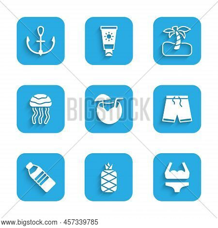 Set Coconut Cocktail, Pineapple, Swimsuit, Swimming Trunks, Bottle Of Water, Jellyfish, Tropical Pal