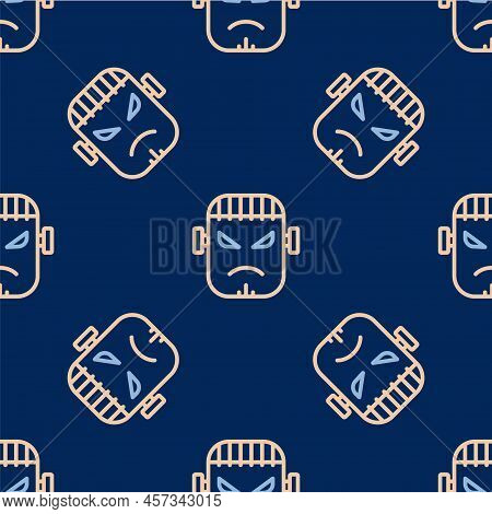Line Scary Monster - Frankenstein Face Icon Isolated Seamless Pattern On Blue Background. Happy Hall