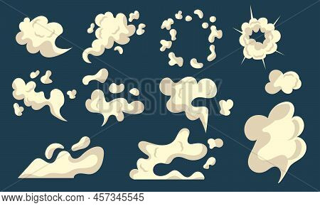 Bubble Explode Smoke Poof And Cloud Blow Effect. Wind With Cartoon Gray Fog And Boom Dust Vector Ill