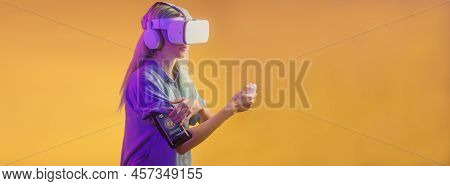 Metaverse Virtual Reality. Woman And Technology. Futuristic Cyberpunk Feminism Concept. Hispanic