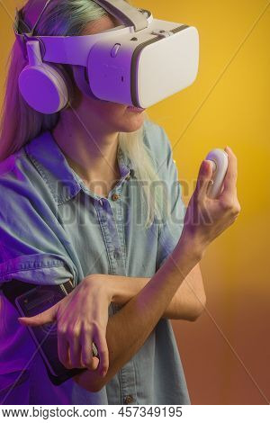 Metaverse Virtual Reality. Woman And Technology. Futuristic Cyberpunk Feminism Concept. Hispanic