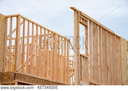 The Frame Of The Second Floor Of A Plywood House Wall Window New Plank Balk Natural