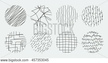 Set Of Round Abstract Patterns. Hand Drawn Doodle Shapes. Spots, Curves, Lines. Vector Illustration.