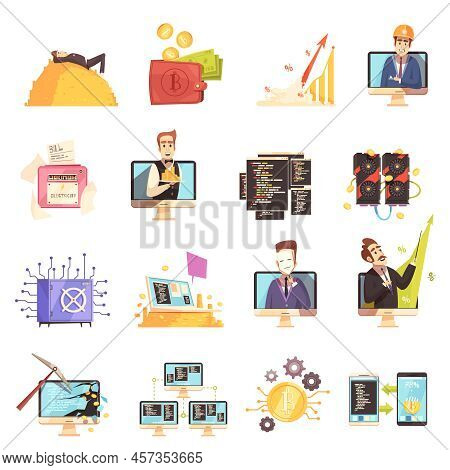Cryptocurrency Mining Isolated Icons Set With Video Cards Electricity Meters  Graph Of Currency Rate