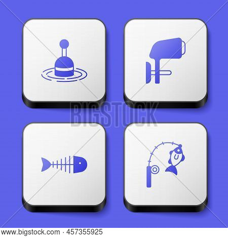 Set Fishing Float In Water, Outboard Boat Motor, Skeleton And Rod And Fish Icon. White Square Button