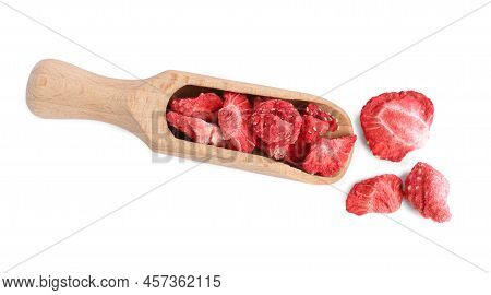 Wooden Scoop With Freeze Dried Strawberries On White Background, Top View