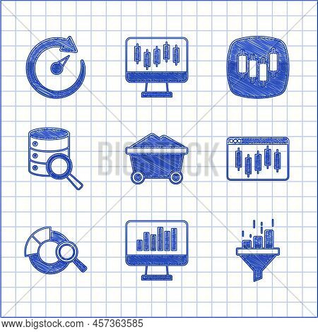 Set Coal Mine Trolley, Monitor With Graph Chart, Sales Funnel, Browser Stocks Market, Search Data An