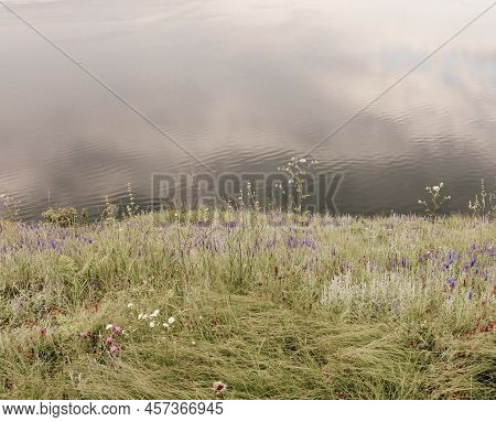 Sky And Clouds Reflected In Water. A Bank Of The Lake With Grass And Wildflowers. A Large Calm River