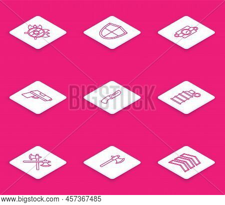 Set Line Medieval Shield With Crossed Axes, Shield, Dynamite Stick And Timer Clock, Pistol Or Gun, M