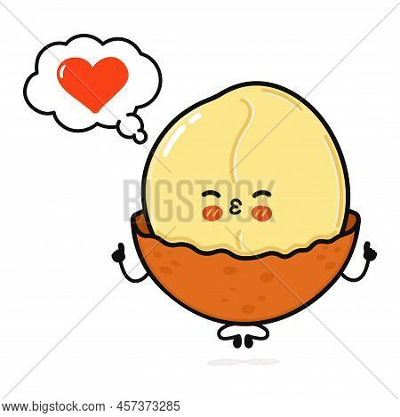 Cute Funny Macadamia Doing Yoga With Speech Bubble. Vector Hand Drawn Cartoon Kawaii Character Illus