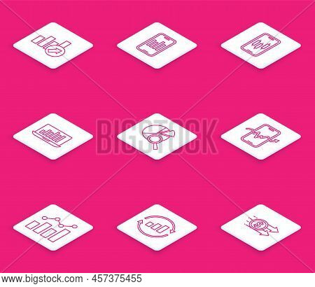 Set Line Financial Growth, Mobile With Graph, Stock Trading, Laptop Chart, Search Data Analysis, And