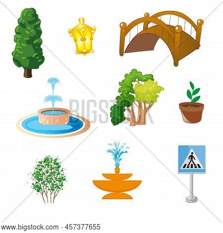 Fountains Cartoon Set. Outdoor Gardening Decorative Symbols Nature Water Fountains Vector Collection