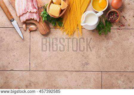 Ingredients For Pasta Carbonara. Traidtional Italian Pasta Carbonara Ingredients Bacon, Spaghetti, P