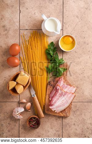 Ingredients For Pasta Carbonara. Traidtional Italian Pasta Carbonara Ingredients Bacon, Spaghetti, P
