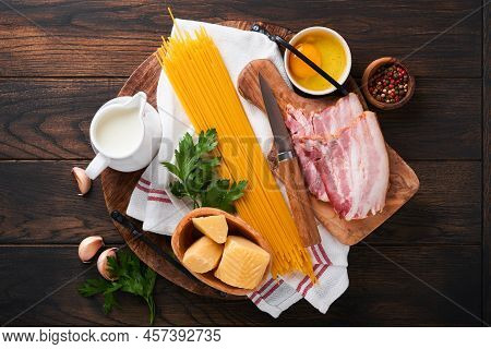 Ingredients For Pasta Carbonara. Traidtional Italian Pasta Carbonara Ingredients Bacon, Spaghetti, P