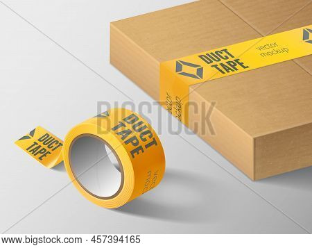 Duct Tape Mockup Realistic Composition With Cardboard Box Sealed With Yellow Tape And Roll With Text