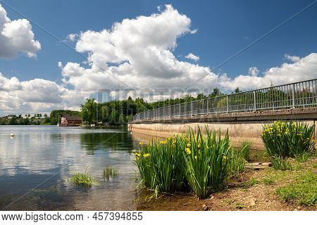 Panoramic Landscape Of Brucher Reservoir At Summertime, Recreation And Hiking Area Of Bergisches Lan
