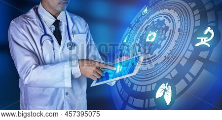 Doctor Hand Pushing Button On Virtual Screen. Medical Technology Concept