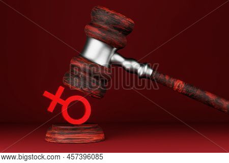 The Concept Of Violation Of Women's Rights. The Judge's Gavel Hits The Women's Sign. Roe Vs Wade. 3d