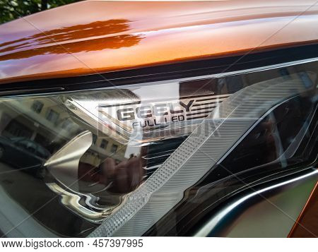 Minsk, Belarus- June 2022: Led Headlights Geely Coolray Car.