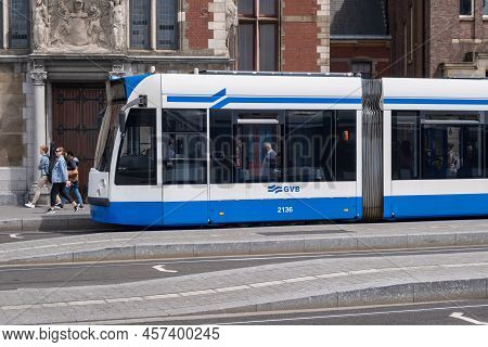 Amsterdam, The Netherlands - 21 June 2022: Gvb Tram At Centraal Station Square