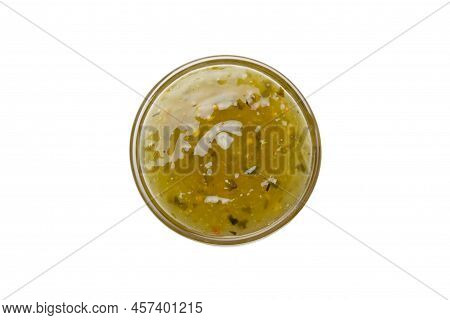 Bowl Of Jalapeno Sauce Isolated On White Background. Top View.