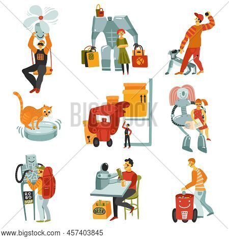 Robots Androids Set With Technology Symbols Flat Isolated Vector Illustration