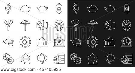 Set Line Chinese Yuan Currency, Gong, Fish Steak, Ceremony, Japanese Umbrella From The Sun, Or Japan