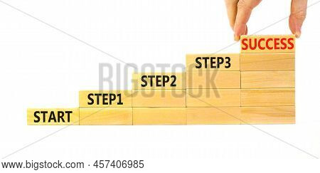 Strat, Step And Success Symbol. Concept Words Start Step 1 2 3 Success On Wooden Blocks On A Beautif
