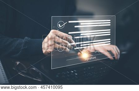 Signing Electronic Documents On Digital Documents Online, Businessman With Contract Electronic Signa